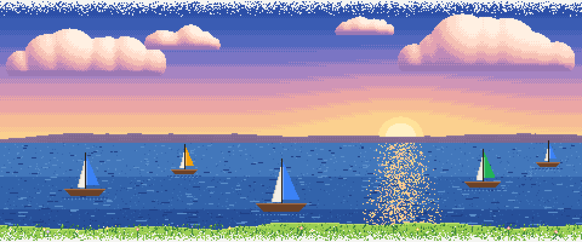 Pixel art of sailboats at sunset. Their sails are blue, amber and green, like agent statuses.
