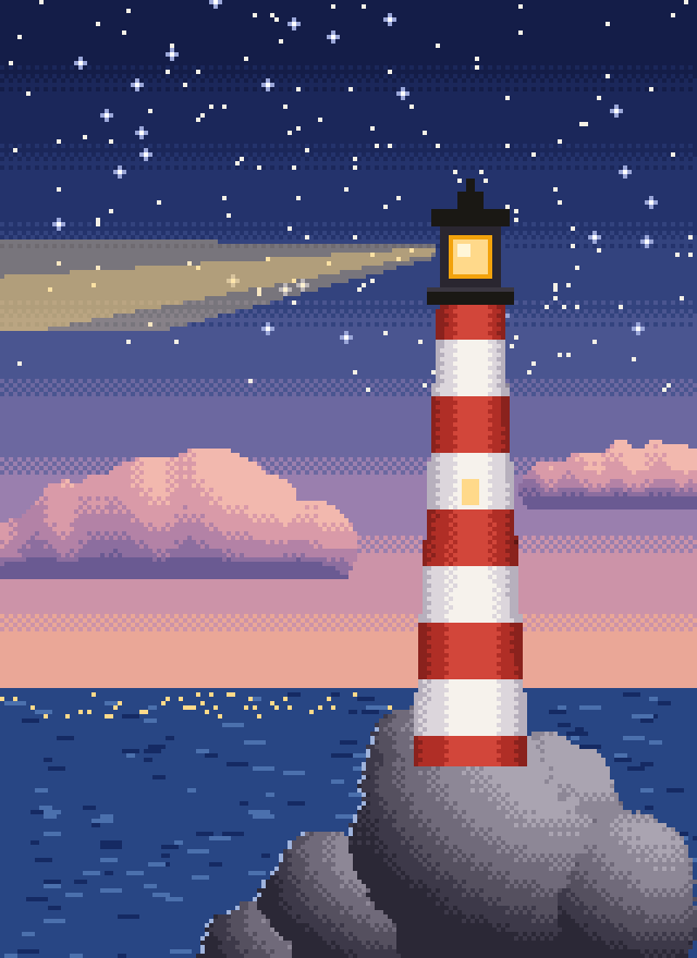 Pixel art of a lighthouse at dusk with an amber lamp